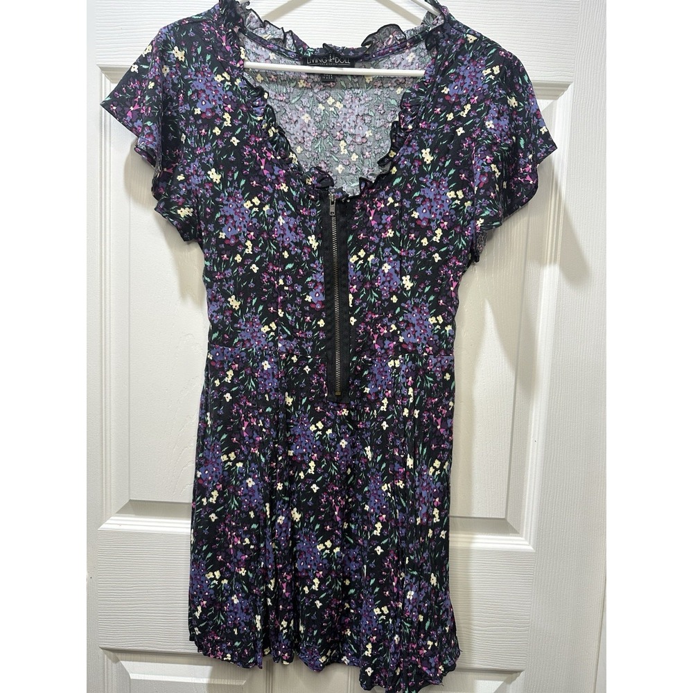 Living Doll Floral Mini Dress Women's M Black Purple Zip Front Cottagecore Fairy